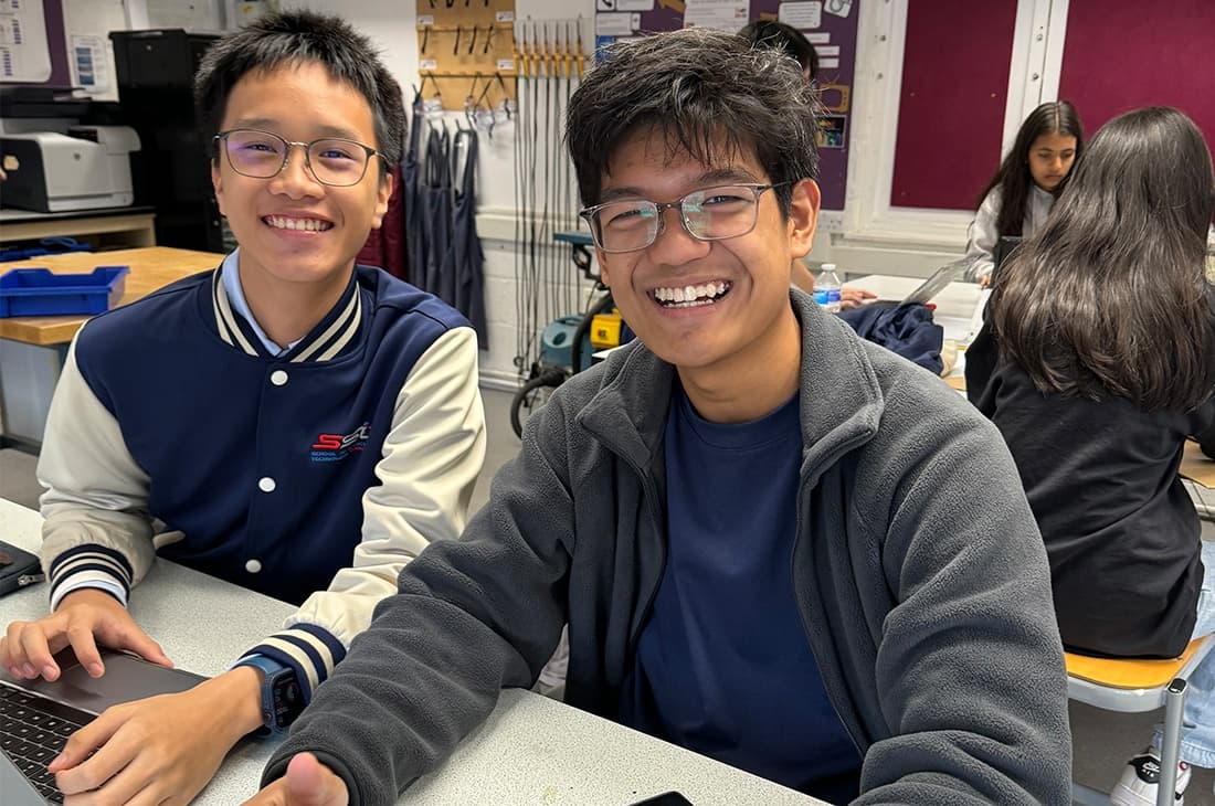 my teammate and I doing the design challenge alongside Perse School in the UK